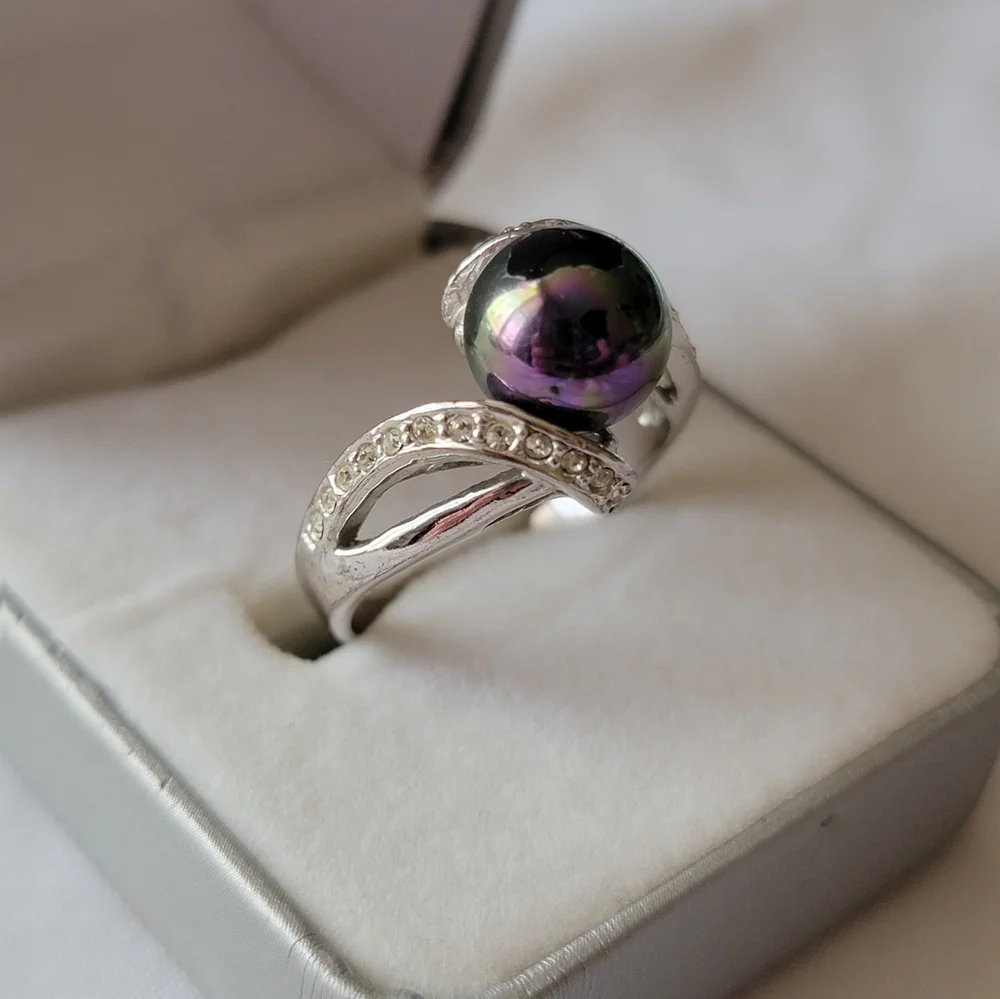 Faux Black Pearl Ring Silver Tone